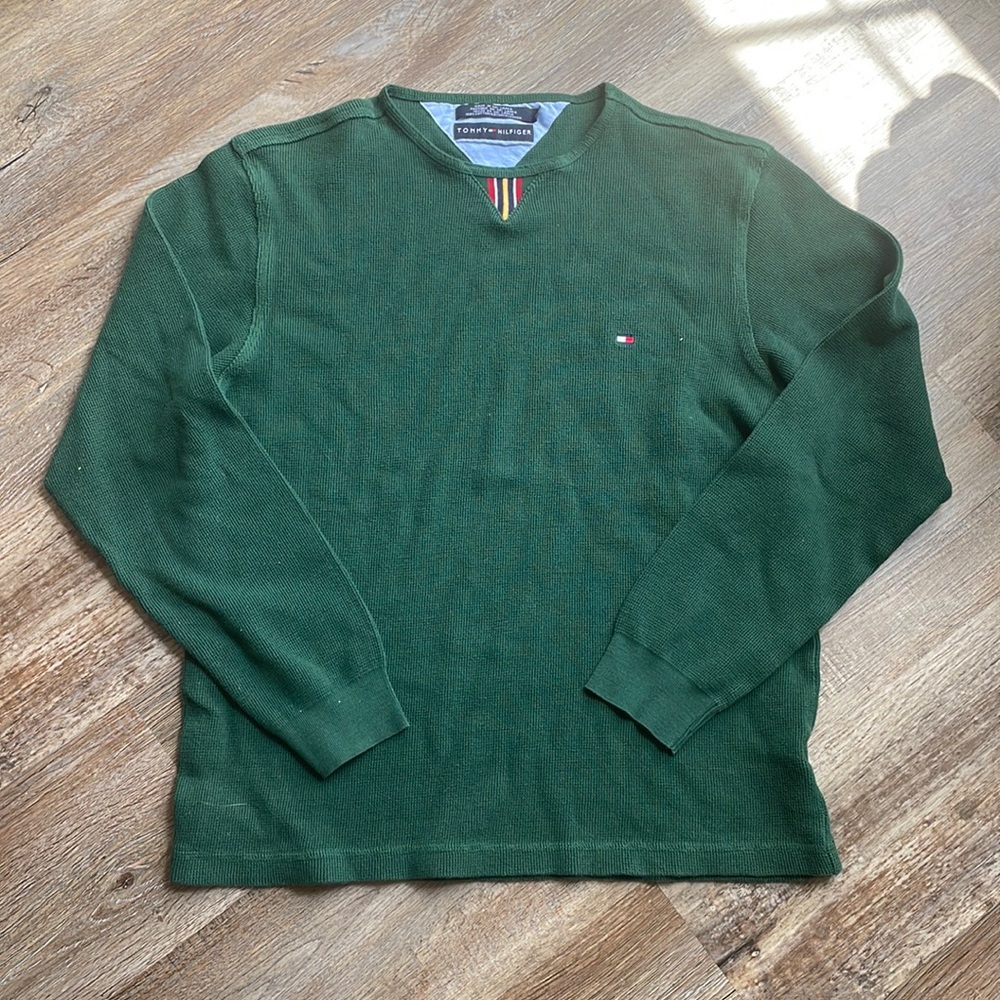 🏷️ Tommy Hilfiger Men’s Forest Green 100% Cotton V-Neck Sweater M